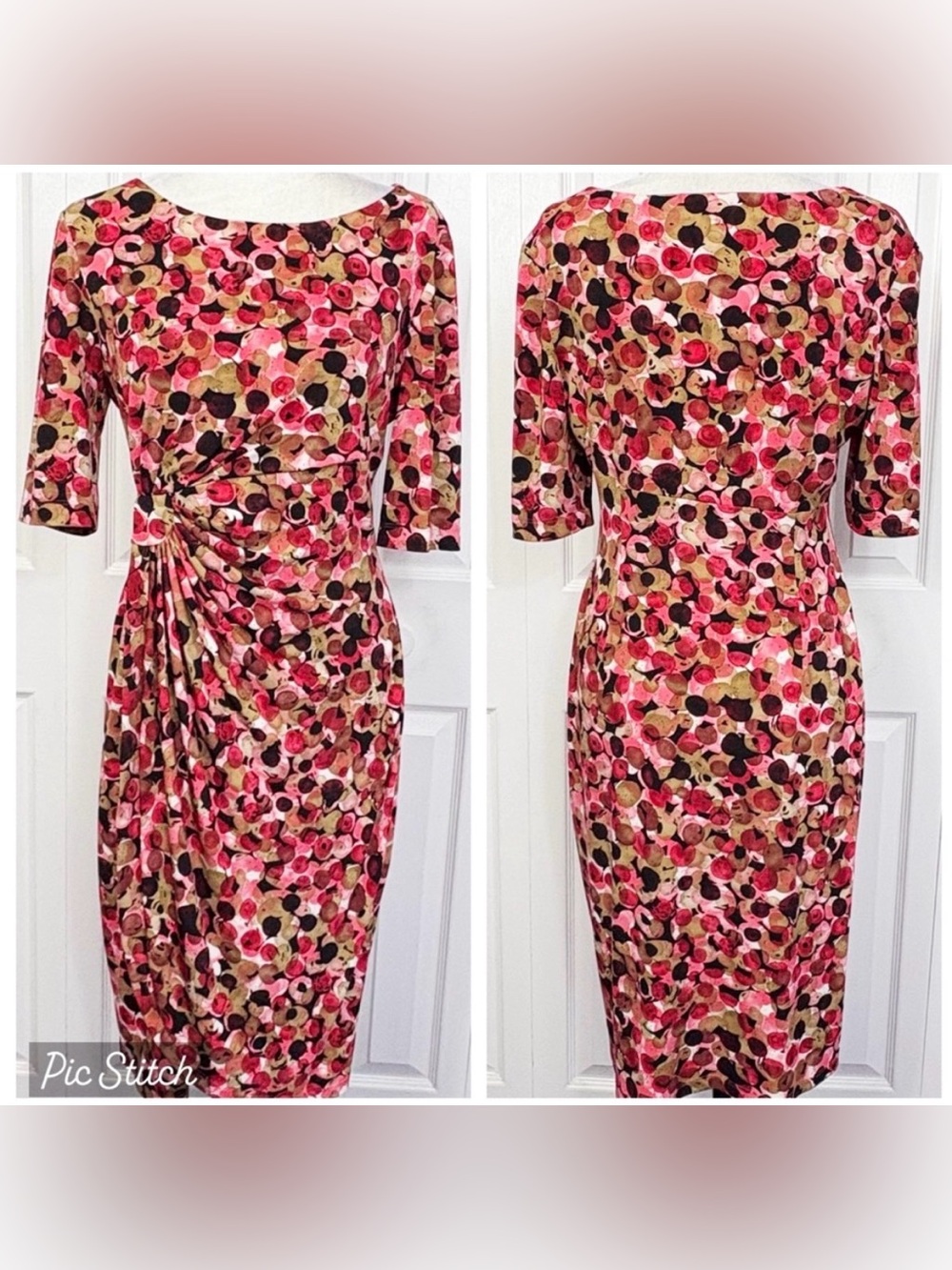 Dressbarn Pink Multi Print Stretch Ruched Faux Wrap Sheath Dress 12